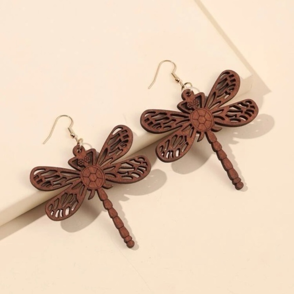 Hollow Out Dragonfly Drop Earrings Wood Golden Post - Picture 3 of 7